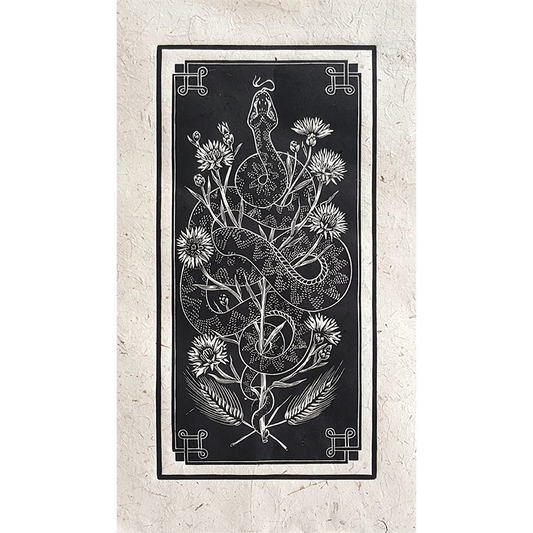 Linocut print of a viper and corn flowers
