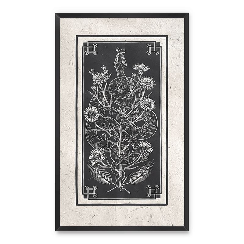Linocut print of a viper and corn flowers
