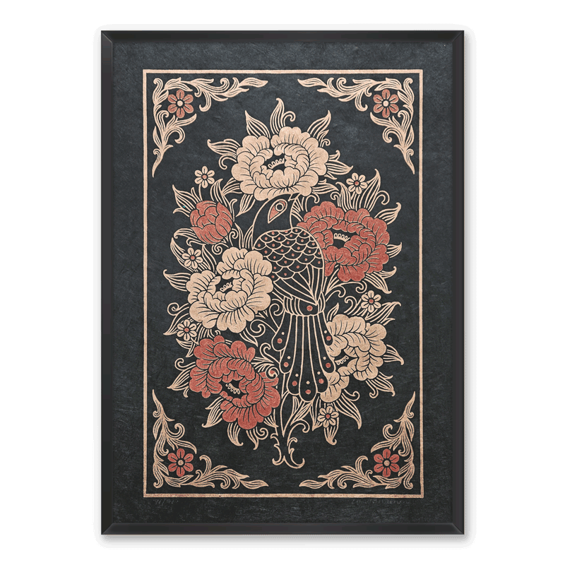 A framed linocut print of a bird and read and gold flowers