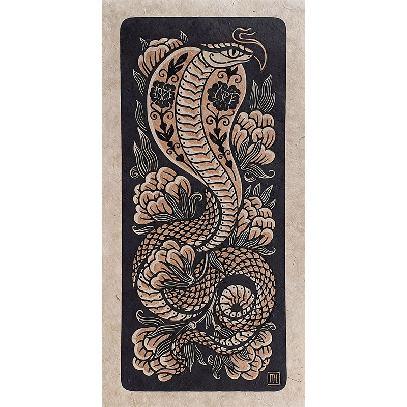 Linocut print of a golden cobra and flowers