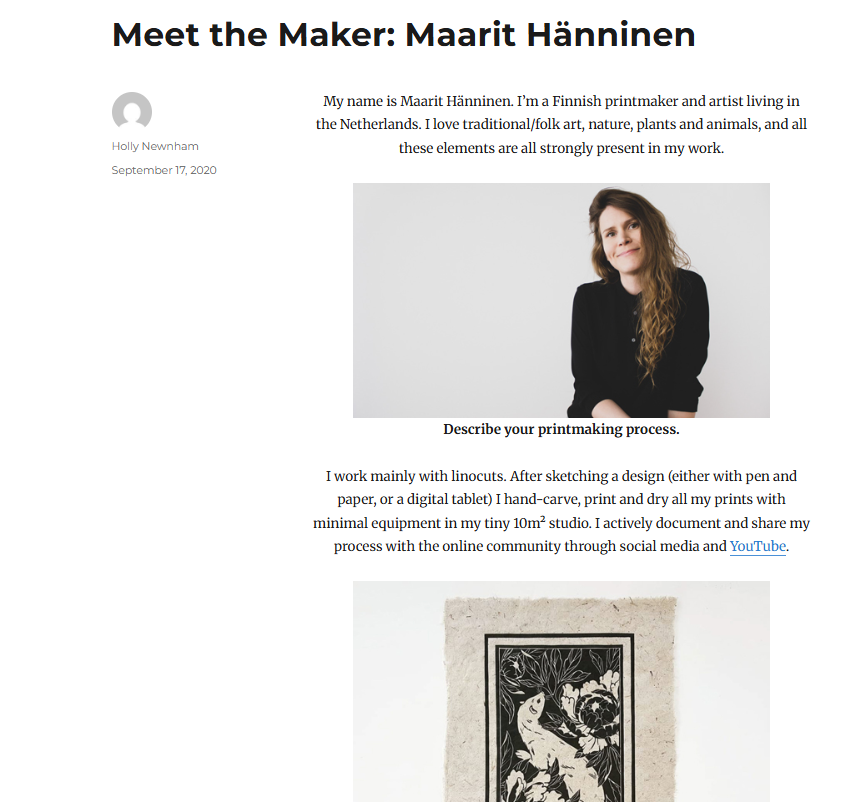 Article about Maart Hänninen, a Finnish printmaker and artist, with text and a portrait on a white background.