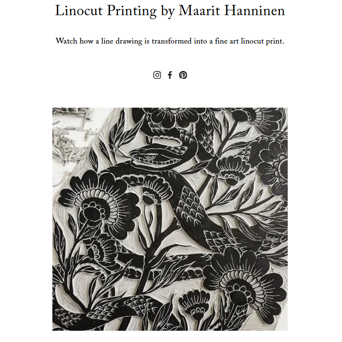 Linocut print with floral design by Maarit Hanninen on a white background