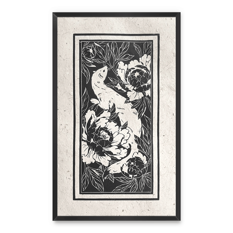 Linocut print of a white weasel and peony flowers