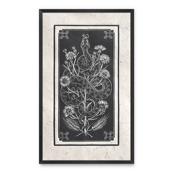 Linocut print of a viper and corn flowers