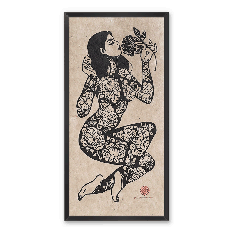 A relief print of a woman with white flower tattoos holding a flower in her hand