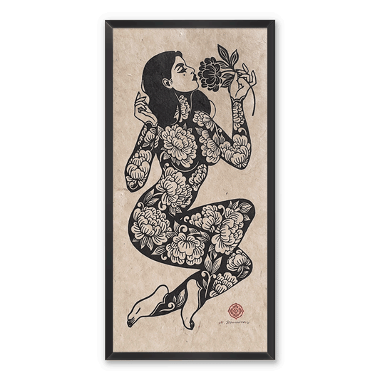 A relief print of a woman with white flower tattoos holding a flower in her hand