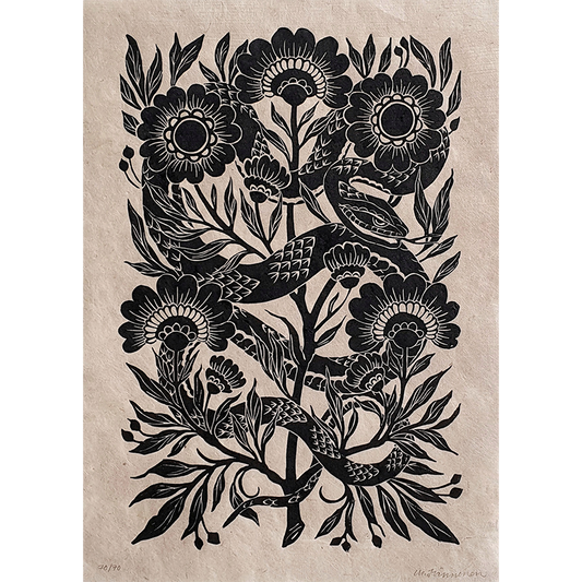 Folk art style linocut print of a black snake and flowers