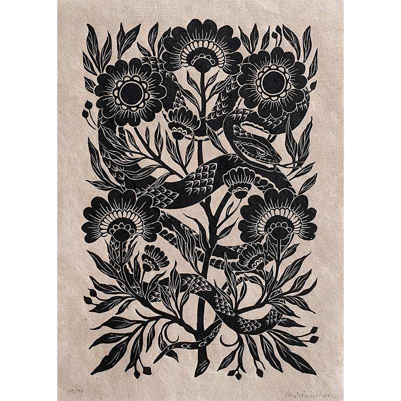 Folk art style linocut print of a black snake and flowers