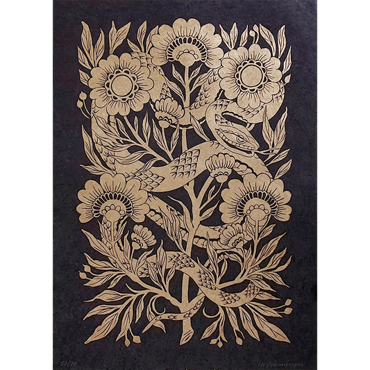 Folk art style linocut print of a black snake and flowers in gold and black