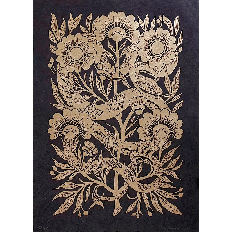 Folk art style linocut print of a black snake and flowers in gold and black