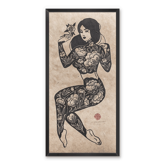 A linocut print of a woman with peony tattoos holding a flower