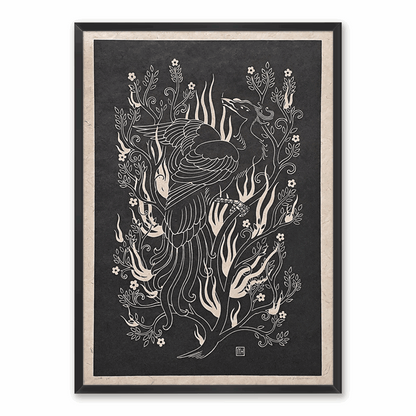 A linocut art print of a phoenix bird in a burning flower tree, framed on a white wall