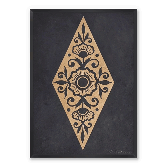 Linocut print of a diamond shaped floral pattern, framed on white wall