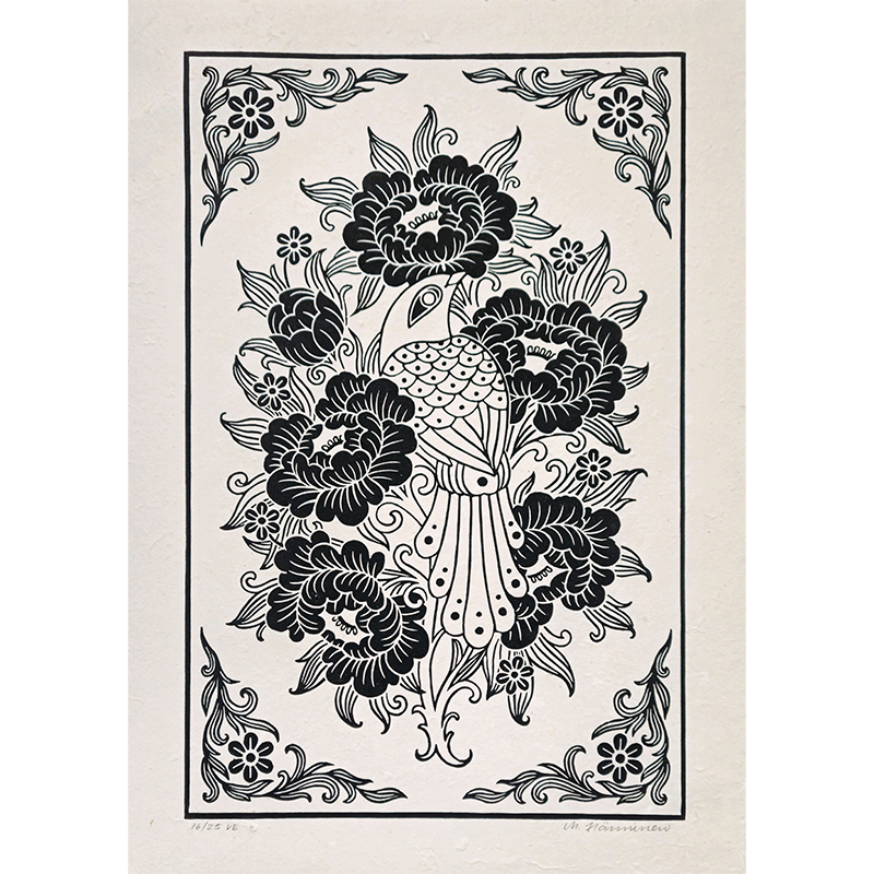 Linocut print of a bird and peony flowers printed in black on white paper