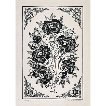 Linocut print of a bird and peony flowers printed in black on white paper
