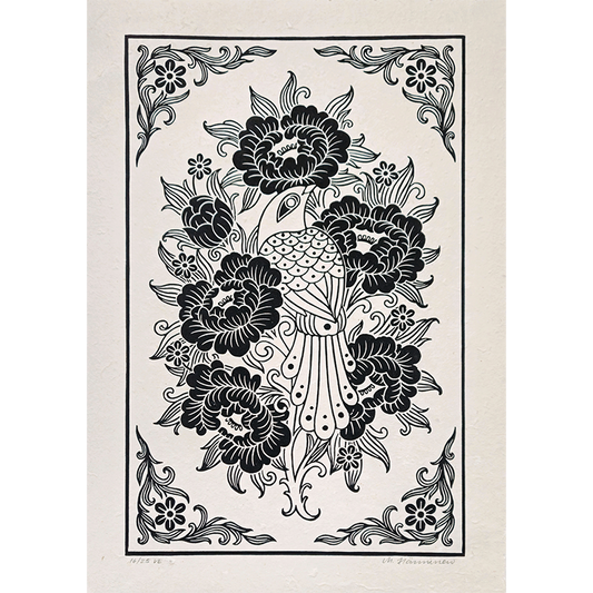 Linocut print of a bird and peony flowers printed in black on white paper