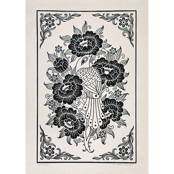 Linocut print of a bird and peony flowers printed in black on white paper