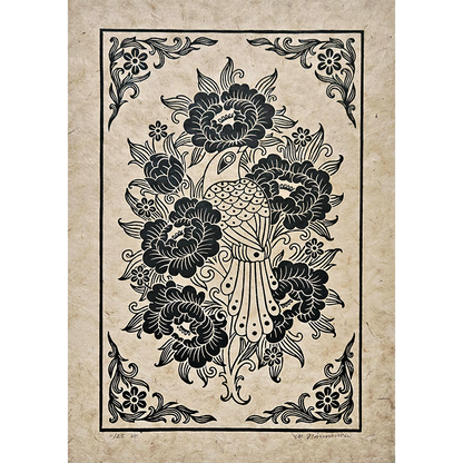 Linocut print of a bird and peony flowers printed in black on unbleached paper