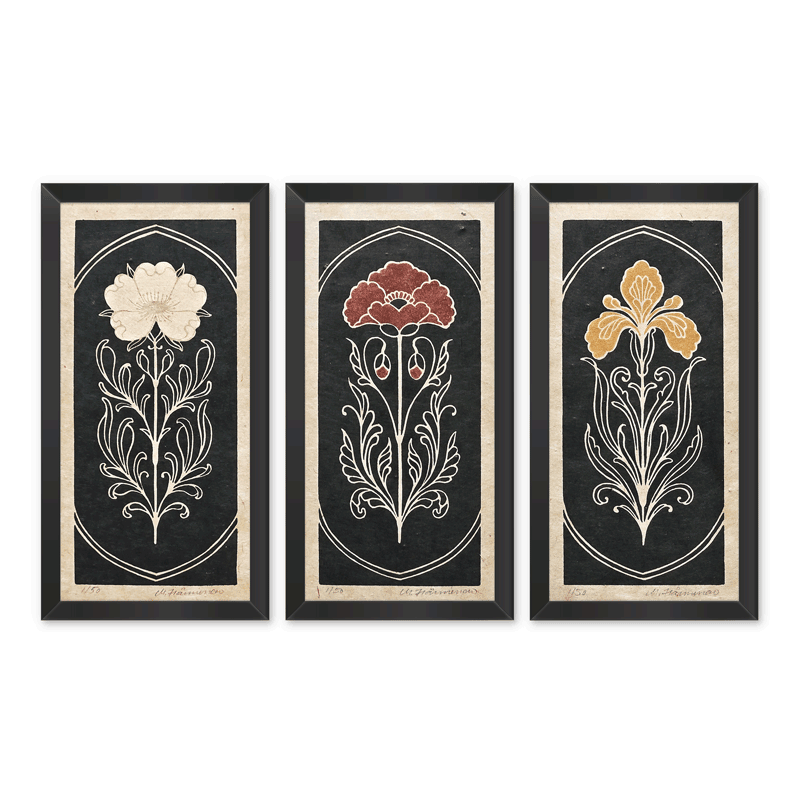 Linocut triptych of  a rose, poppy and iris flower, framed on a wall