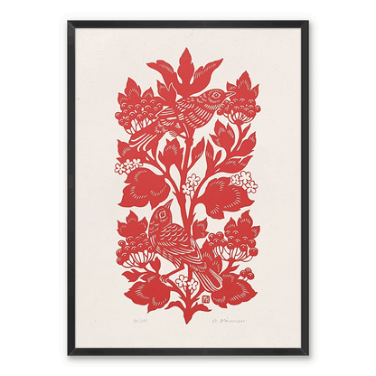 Linocut print of two birds and Viburnum opulus berry bush, framed on white wall