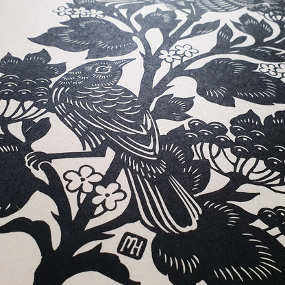 Linocut print detail of a bird looking up