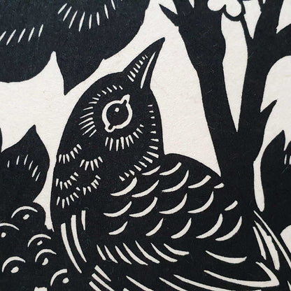 Detail of a nightingale linocut print