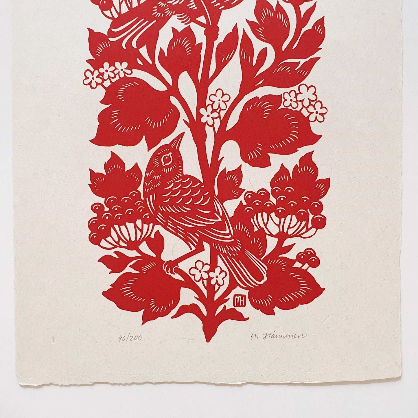 Detail of a red and white bird linocut art print