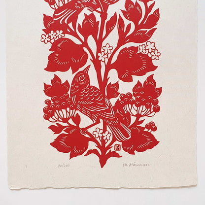 Detail of a red and white bird linocut art print