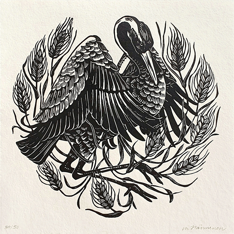 Linocut print of a black crane and wheat stalks on white paper