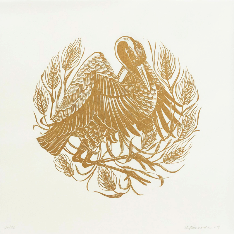 Relief print of a golden crane and wheat stalks on white paper