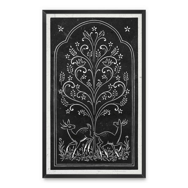 Linocut print of two deer leaping beneath a folksy tree against black background