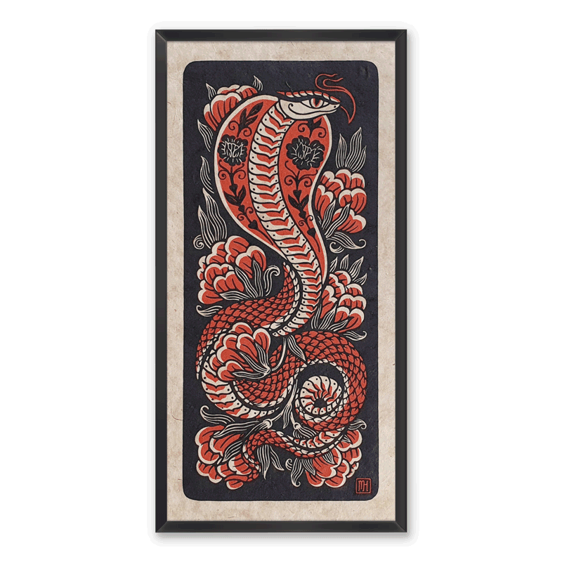 A red and black linocut print of a cobra surrounded by flowers