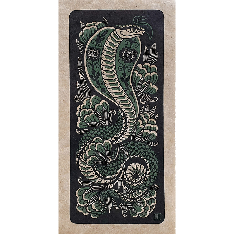 Linocut print of a green cobra and flowers