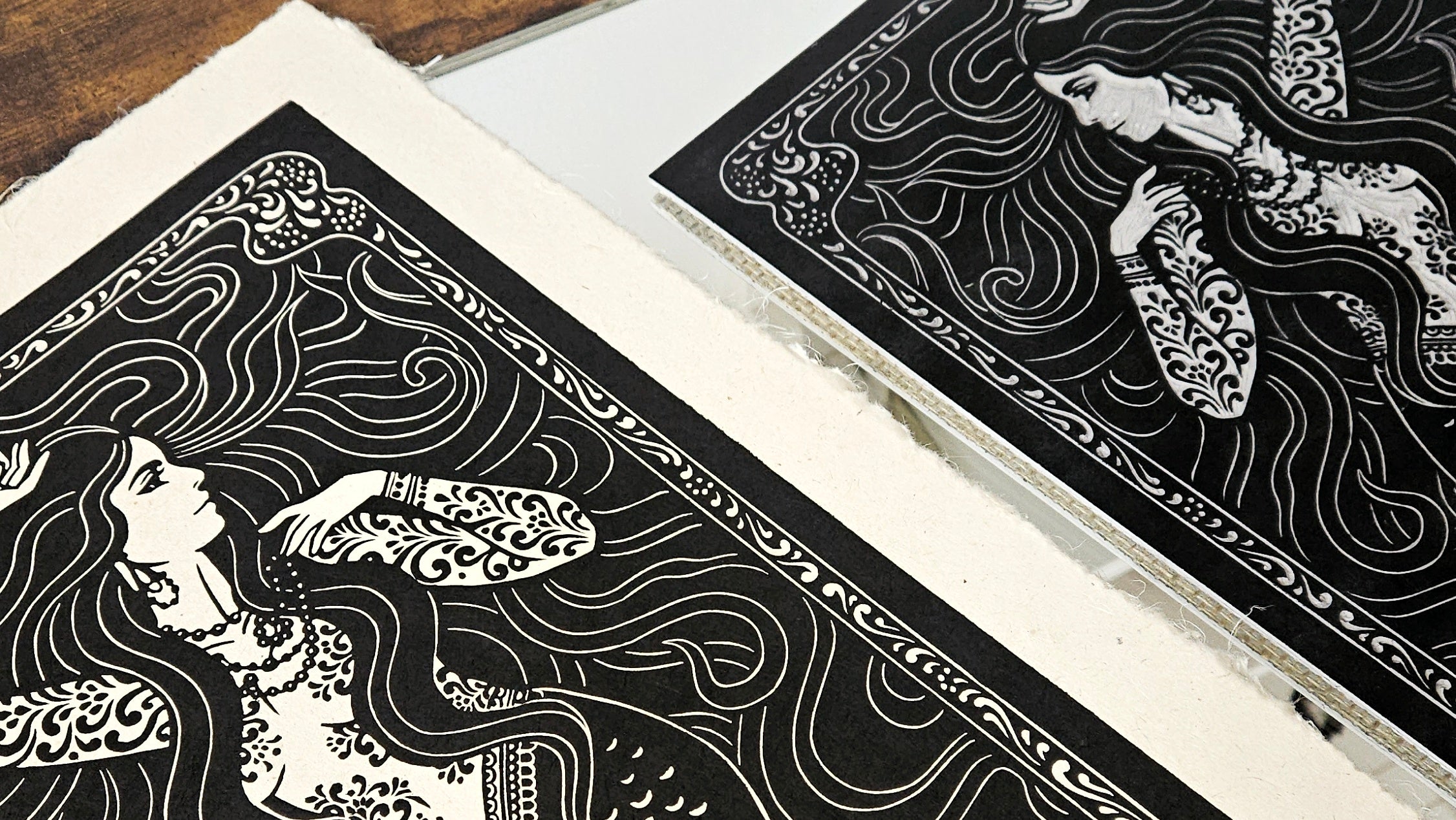 Linocut print of a woman with long hair