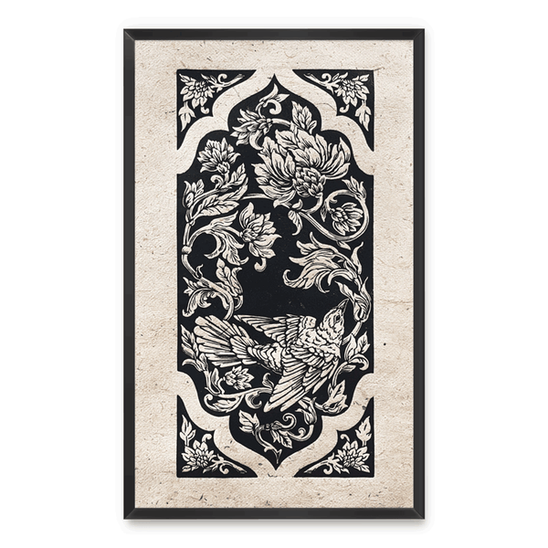 Linocut print of a nightingale and floral scroll work