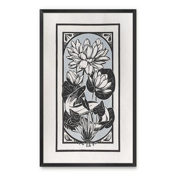 Linocut print of an ell and water lilies