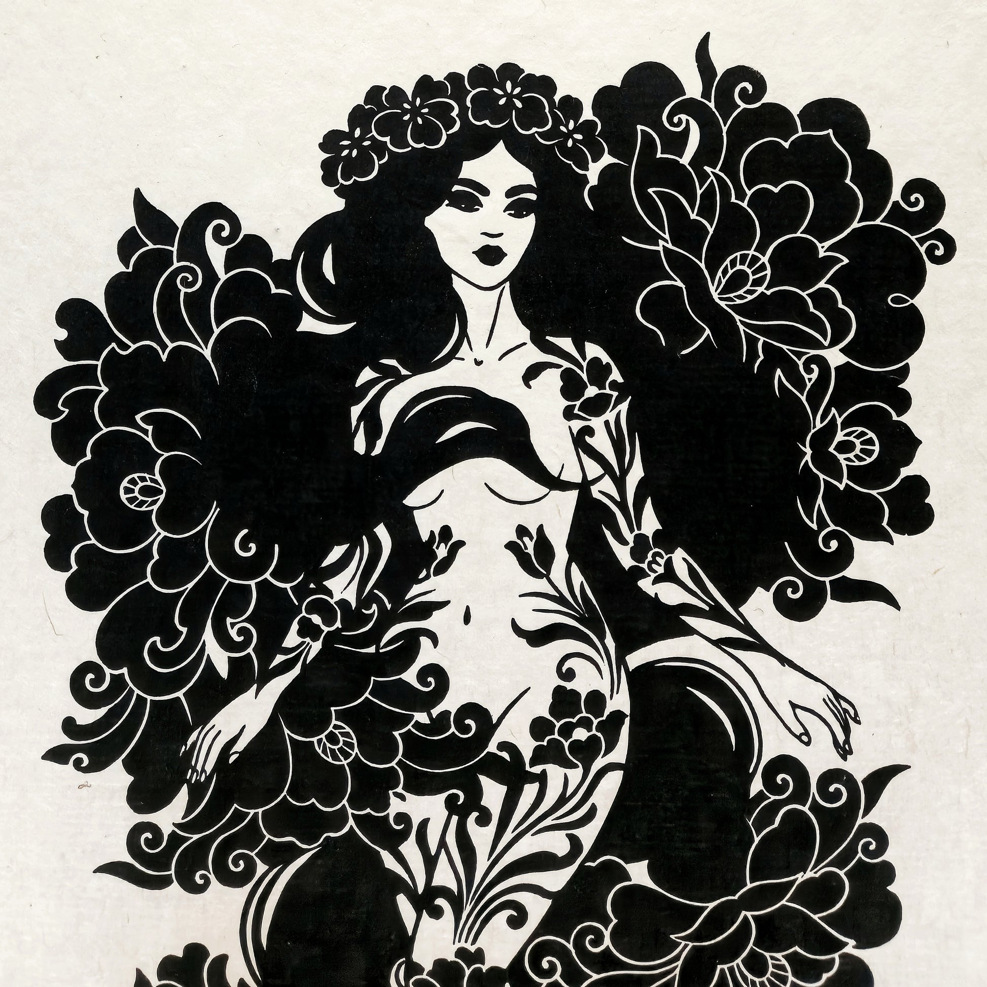 Linocut print of a woman surrounded with flowers