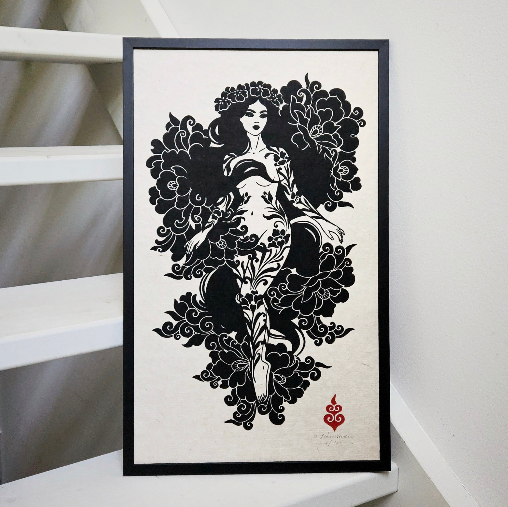 Framed Persephone linocut print by Maarit Hänninen