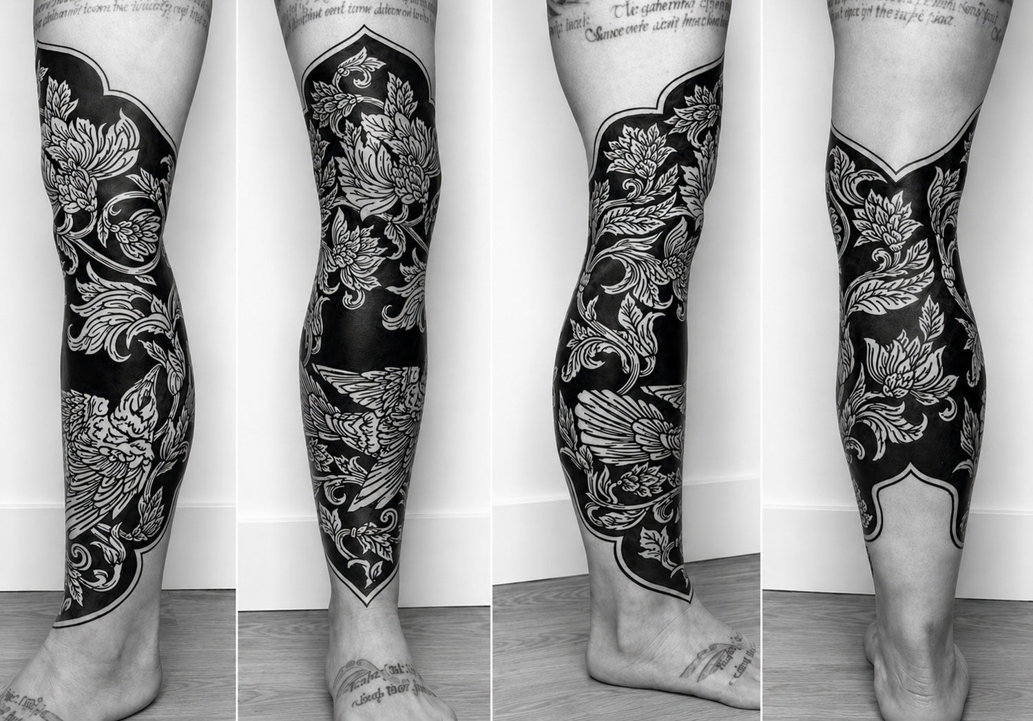 Black and white floral tattoo on a person's leg against a plain background