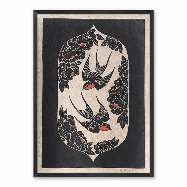 A red and black linocut print of two flying swallows surrounded by flowers