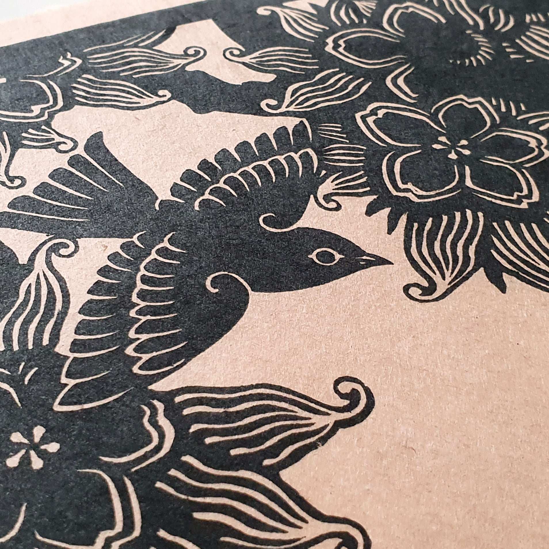 Linocut black bird detail