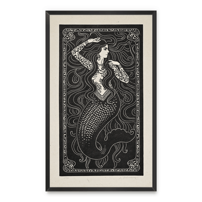 Framed artwork of a mermaid with intricate patterns on a white background