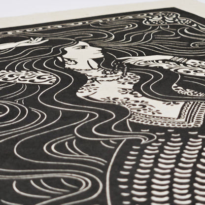 Black and white illustration of a mermaid with flowing hair and patterns in the background