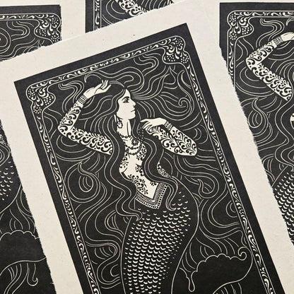 Black and white illustration of a woman with flowing hair on a textured paper background