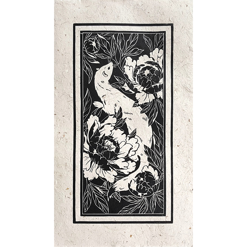 Linocut print of a white weasel and peony flowers