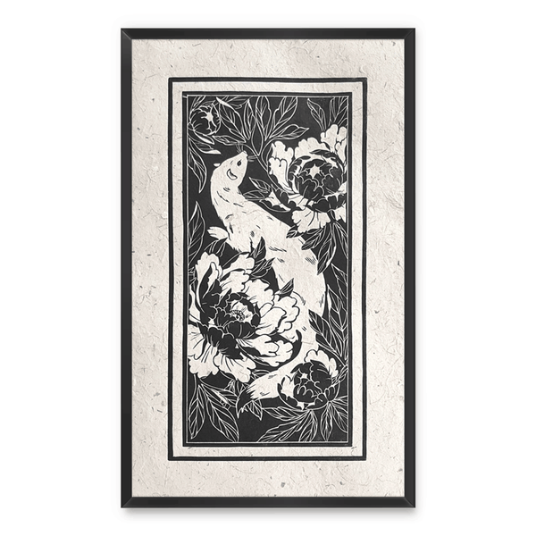 Linocut print of a white weasel and peony flowers