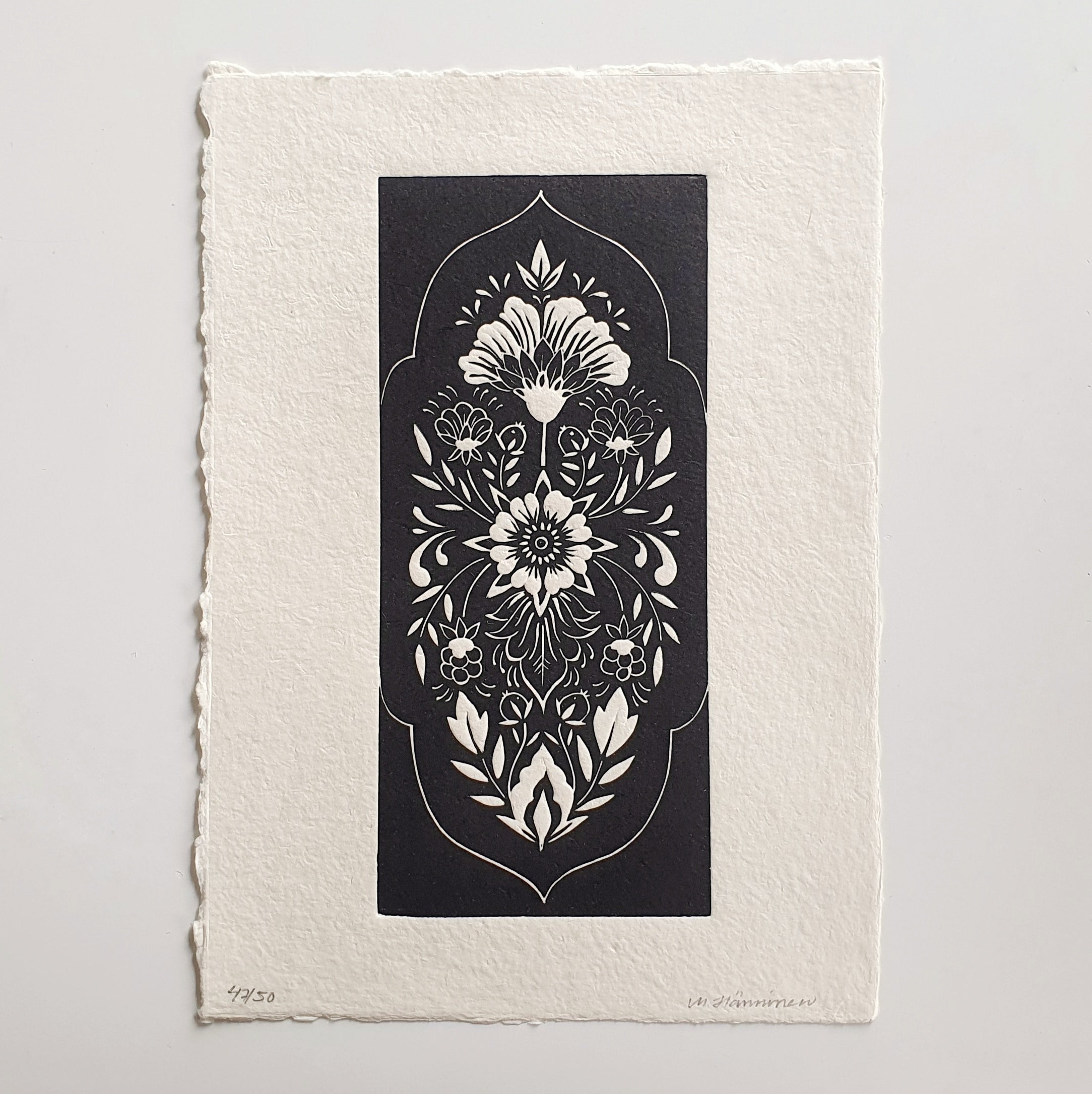 "Folk Floral" - black on bamboo paper